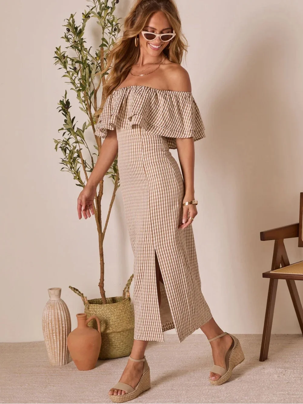 VICI Off-Shoulder Gingham Midi Dress - Picture 3 of 9